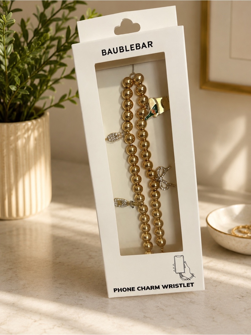 BaubleBar Gold Beaded Phone Charm Wristlet with Crystal Accents
